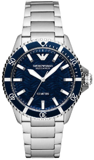 Emporio Armani Sea Explorer Meccanico Automatic Blue Dial Silver Steel Strap Watch For Men - AR60059