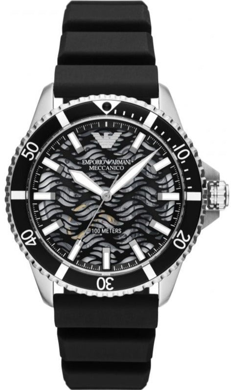 Emporio Armani Sea Explorer Meccanico Automatic Black Dial Black Silicone Strap Watch For Men - AR60062