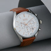 Hugo Boss Grand Prix Chronograph White Dial Brown Leather Strap Watch for Men - 1513475