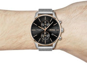Hugo Boss Associate Chronograph Black Dial Silver Mesh Bracelet Watch for Men - 1513805