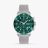 Hugo Boss Admiral Chronograph Green Dial Silver Mesh Bracelet Watch for Men - 1513905