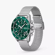 Hugo Boss Admiral Chronograph Green Dial Silver Mesh Bracelet Watch for Men - 1513905