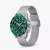 Hugo Boss Admiral Chronograph Green Dial Silver Mesh Bracelet Watch for Men - 1513905