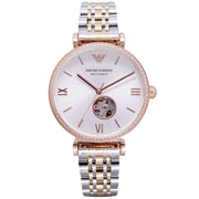 Emporio Armani Meccannico Gianni T-Bar Analog White Dial Two Tone Steel Strap Watch For Women - AR60019
