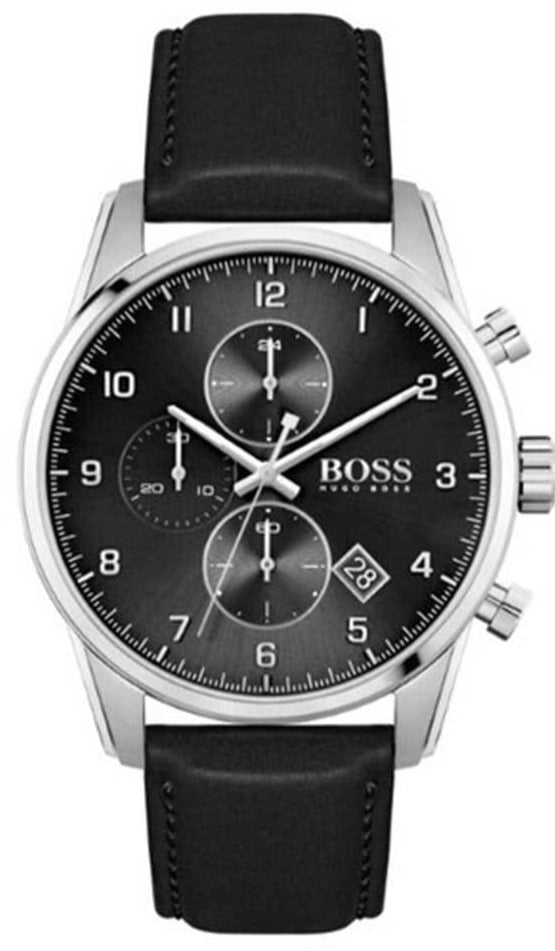 Hugo Boss Skymaster Chronograph Black Dial Black Leather Strap Watch for Men - 1513782