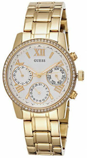Guess Mini Sunrise Diamonds Silver Dial Gold Steel Strap Watch for Women - W0623L3