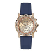 Guess Confetti Diamonds Gold Dial Blue Rubber Strap Watch For Women - W1098L6