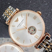 Emporio Armani Meccannico Gianni T-Bar Analog White Dial Two Tone Steel Strap Watch For Women - AR60019