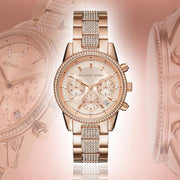 Michael Kors Ritz Chronograph Rose Gold Dial Rose Gold Steel Strap Watch For Women - MK6485