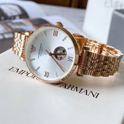 Emporio Armani Meccanico Gianni T-Bar Silver Dial Rose Gold Steel Strap Watch For Women - AR60023