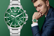 Emporio Armani Diver Chronograph Green Dial Silver Steel Strap Watch For Men - AR11500