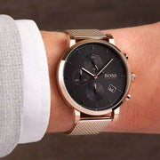 Hugo Boss Integrity Chronograph Black Dial Rose Gold Mesh Bracelet Watch for Men - 1513808