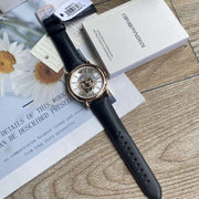 Emporio Armani Luigi Automatic Skeleton Silver Dial Black Leather Strap Watch For Men - AR60013