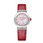 Bvlgari Lvcea Intarsio Diamonds Mother of Pearl Pink Dial Red Leather Strap Watch for Women - LVCEA103619