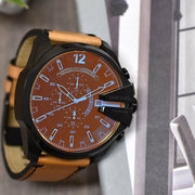 Diesel Mega Chief Chronograph Black Dial Brown Leather Strap Watch For Men - DZ4476