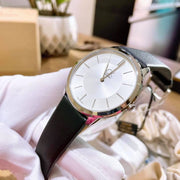 Calvin Klein Minimalist White Dial Black Leather Strap Watch for Men - K3M211C6