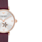 Emporio Armani Meccanico Automatic Silver Dial Red Leather Strap Watch For Women - AR60044