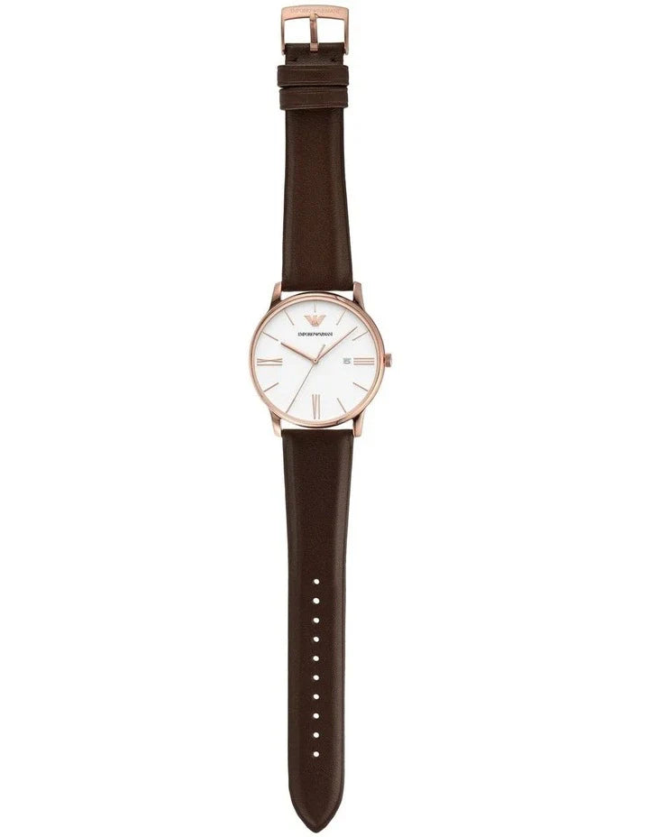 Emporio Armani Minimalist Quartz White Dial Brown Leather Strap