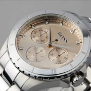 Hugo Boss Premiere Chronorgaph Rose Gold Dial Silver Steel Strap Watch for Women - 1502444
