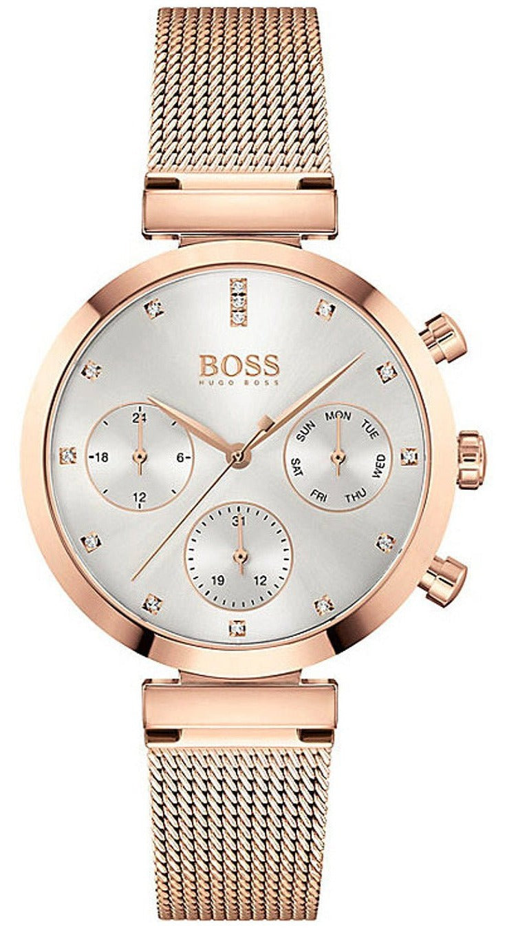 Hugo Boss Flawless Chronograph Silver Dial Gold Mesh Bracelet Watch for Women - 1502553