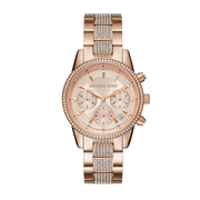 Michael Kors Ritz Chronograph Rose Gold Dial Rose Gold Steel Strap Watch For Women - MK6485