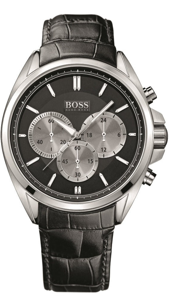 Hugo Boss Driver Chronograph Black Dial Black Leather Strap Watch for Men - 1512879