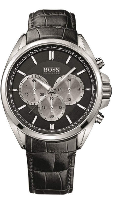 Hugo Boss Driver Chronograph Black Dial Black Leather Strap Watch for Men - 1512879