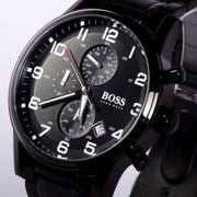 Hugo Boss Aeroliner Chronograph Black Dial Black Steel Strap Watch for Men - 1513180