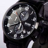 Hugo Boss Aeroliner Chronograph Black Dial Black Steel Strap Watch for Men - 1513180