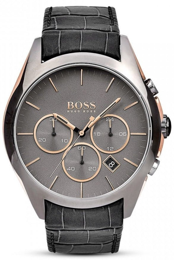 Hugo Boss Onyx Grey Dial Black Leather Strap Watch for Men - 1513366