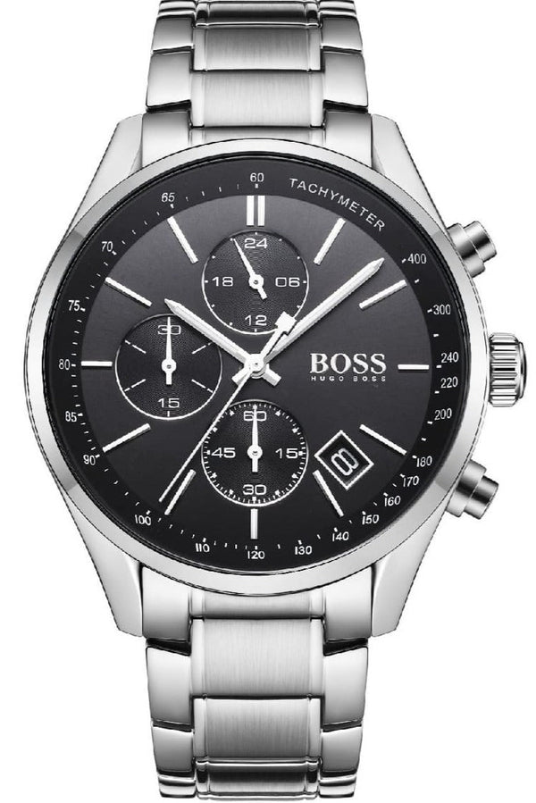 Hugo Boss Grand Prix Chronograph Black Dial Silver Steel Strap Watch for Men - 1513477