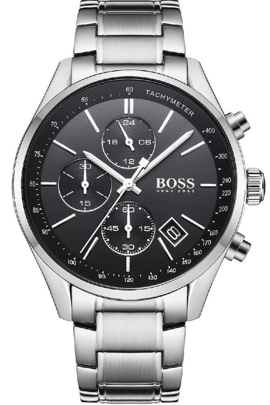 Hugo Boss Grand Prix Chronograph Black Dial Silver Steel Strap Watch for Men - 1513477