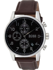 Hugo Boss Navigator Chronograph Grey Dial Brown Leather Strap Watch for Men - 1513494