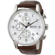 Hugo Boss Navigator Chronograph White Dial Brown Leather Strap Watch for Men - 1513495