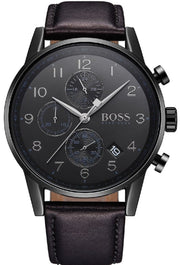 Hugo Boss Navigator Chronograph Black Dial Black Leather Strap Watch for Men - 1513497