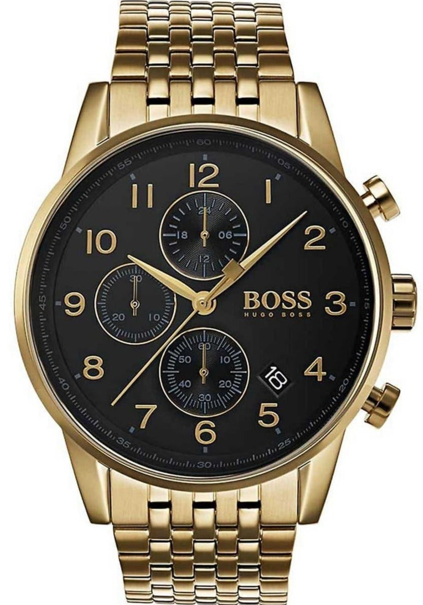 Hugo Boss Navigator Chronograph Black Dial Gold Steel Strap Watch for Men - 1513531