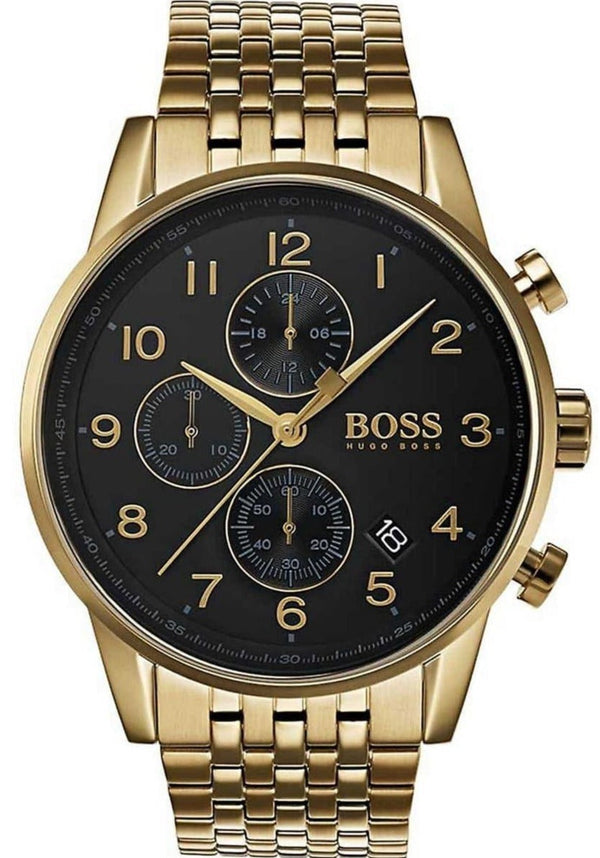 Hugo Boss Navigator Chronograph Black Dial Gold Steel Strap Watch for Men - 1513531