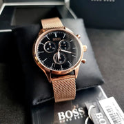 Hugo Boss Companion Chronograph Black Dial Rose Gold Mesh Strap Watch For Men - 1513548
