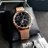 Hugo Boss Companion Chronograph Black Dial Rose Gold Mesh Strap Watch For Men - 1513548