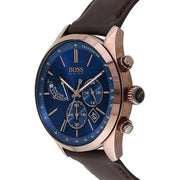 Hugo Boss Grand Prix Chronograph Blue Dial Brown Leather Strap Watch for Men - 1513604