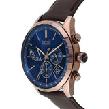 Hugo Boss Grand Prix Chronograph Blue Dial Brown Leather Strap Watch for Men - 1513604