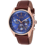 Hugo Boss Grand Prix Chronograph Blue Dial Brown Leather Strap Watch for Men - 1513604