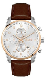 Hugo Boss Skymaster Chronograph White Dial Brown Leather Strap Watch for Men - 1513786