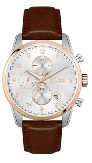Hugo Boss Skymaster Chronograph White Dial Brown Leather Strap Watch for Men - 1513786