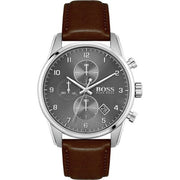 Hugo Boss Skymaster Chronograph Grey Dial Brown Leather Strap Watch for Men - 1513787