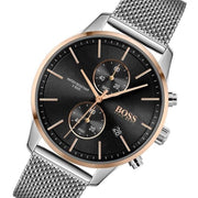 Hugo Boss Associate Chronograph Black Dial Silver Mesh Bracelet Watch for Men - 1513805