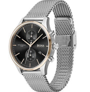 Hugo Boss Associate Chronograph Black Dial Silver Mesh Bracelet Watch for Men - 1513805