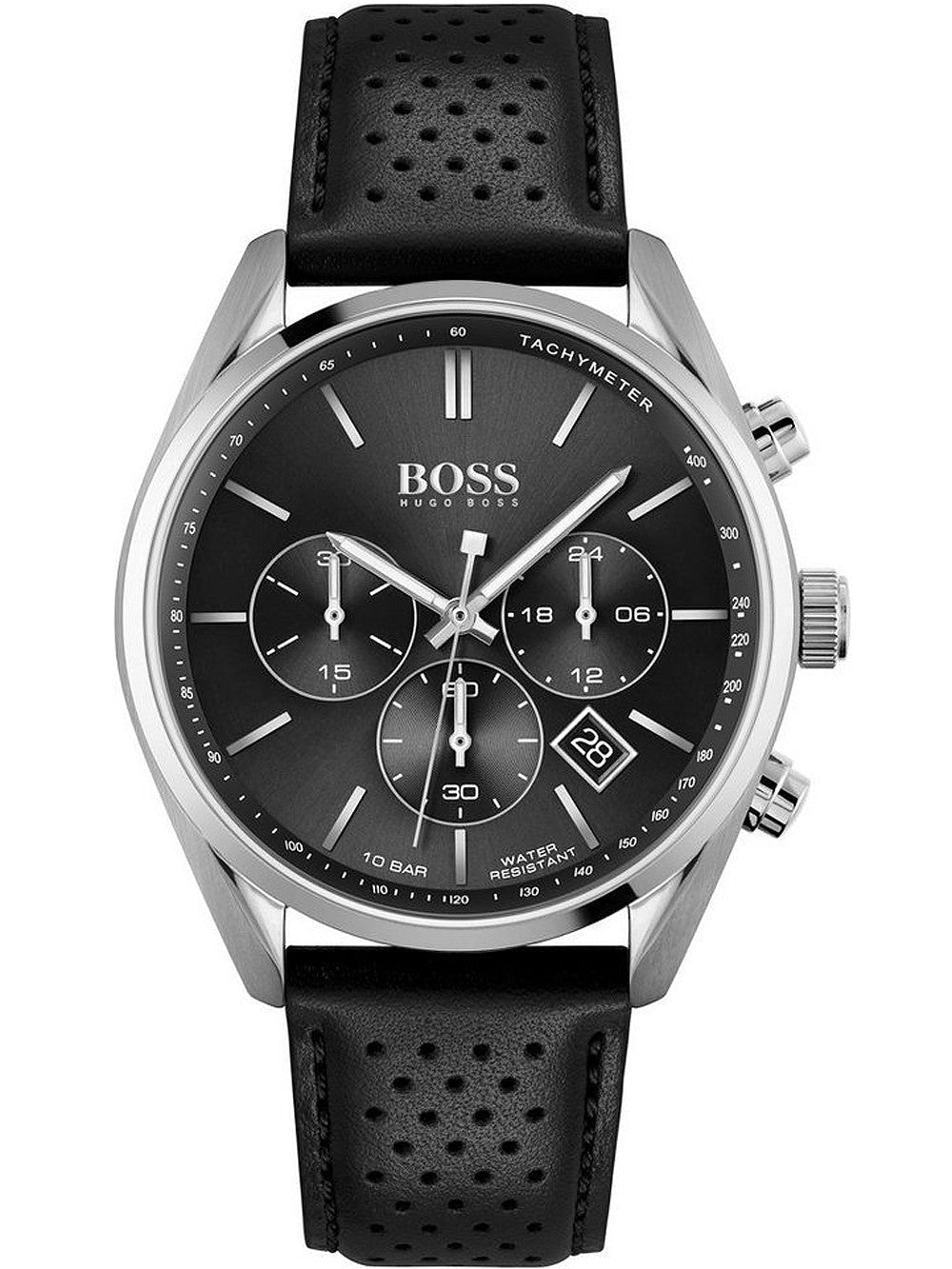 Hugo Boss Champion Chronograph Black Dial Black Leather Strap Watch for Men - 1513816