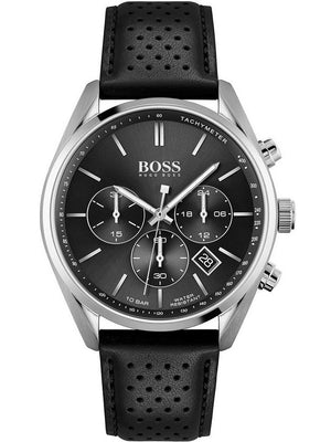 Hugo Boss Champion Chronograph Black Dial Black Leather Strap Watch for Men - 1513816