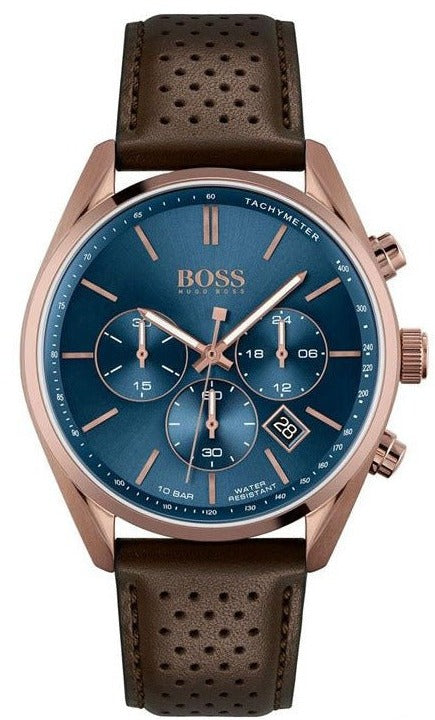 Hugo Boss Champion Chronograph Blue Dial Brown Leather Strap Watch for Men - 1513817